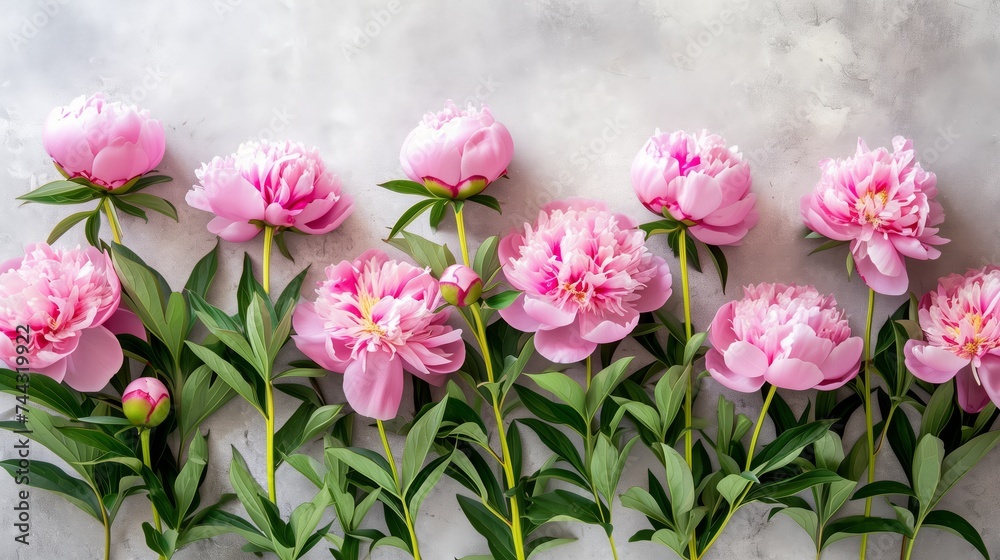 beautiful pink blooming peonies with green leaves on a gray background