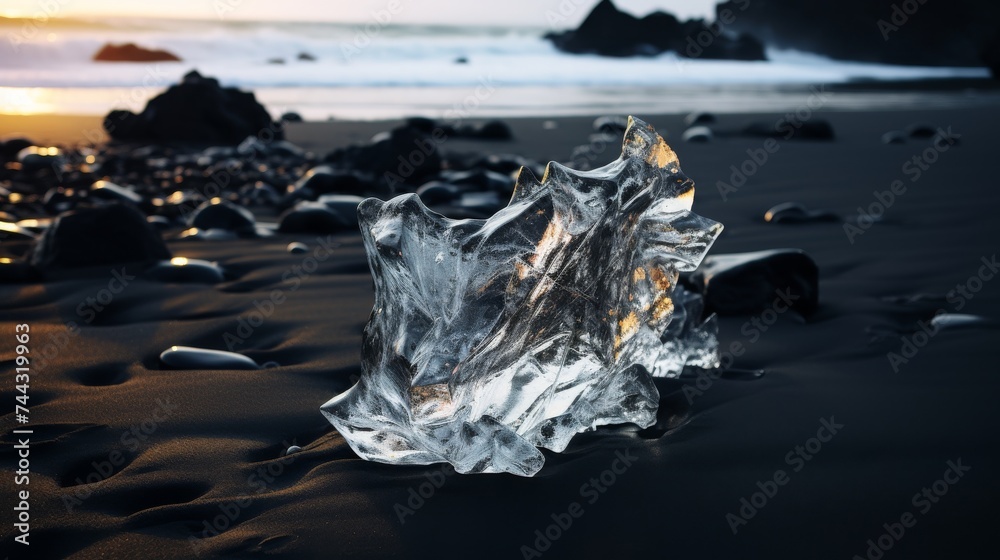 Broken ice floating in sea water on black beach