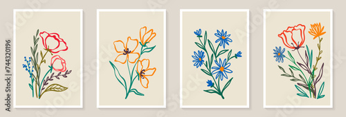 Set of trendy vintage wall prints with flowers, leaves, shapes. Modern aesthetic illustrations. Bohemian style Collection of contemporary artistic Design wall decoration, postcard, poster, brochure.