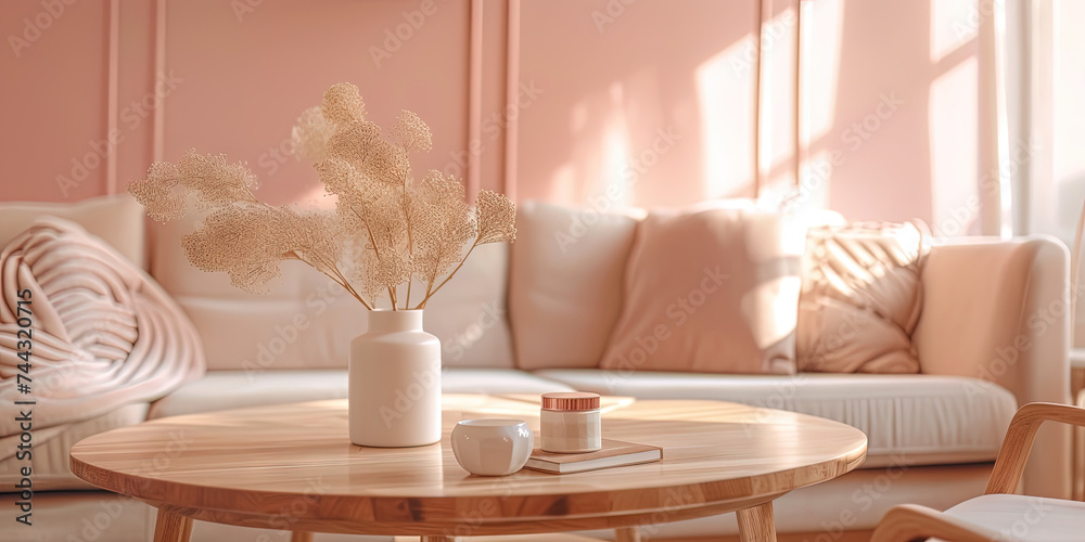 Minimalist living room interior with sofa, wooden coffee table, and decorations. Pink 