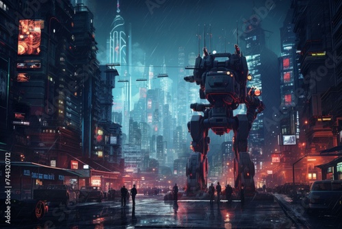 Robot ai city night. Futuristic thinking. Generate Ai