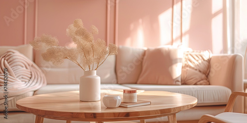 Minimalist living room interior with sofa, wooden coffee table, and decorations. Pink 