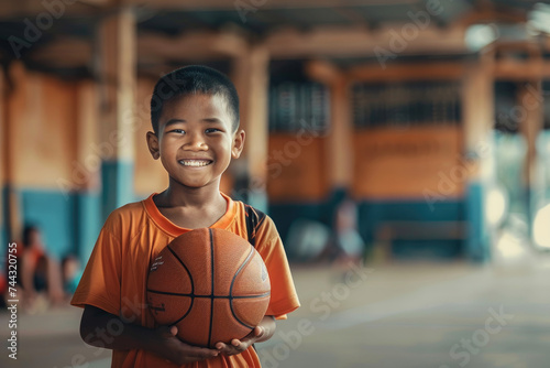 Portrait happy boy holding basketball in a school gymnasium © Kien