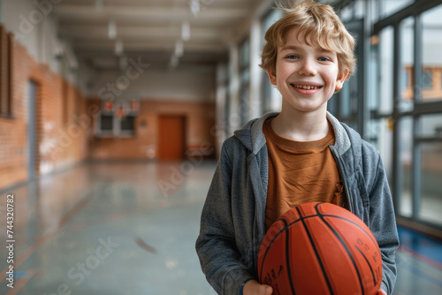 Portrait happy boy holding basketball in a school gymnasium