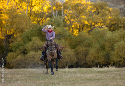 Cowgirl riding a horse galloping running western