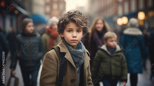 portrait of little boy walking alone in busy city street with crowd blur background © Kien