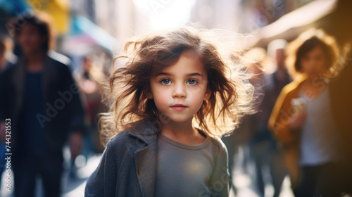 portrait of beautiful little girl walking alone in busy city street with crowd blur background