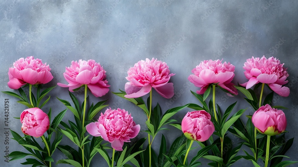 beautiful pink blooming peonies with green leaves on a gray background beautiful pink blooming peonies with green leaves on a gray background