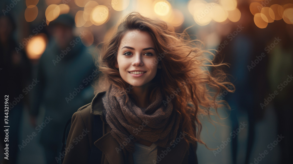 portrait of beautiful girl walking alone in busy city street with crowd blur background