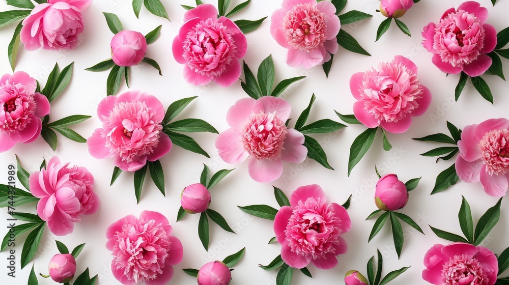 beautiful pink blooming peonies with green leaves on a white background beautiful pink blooming peonies with green leaves on a white background