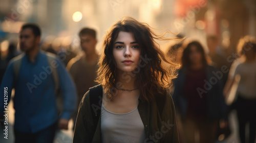 portrait of beautiful girl walking alone in busy city street with crowd blur background © Kien