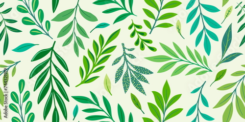 Abstract art green colors tropical line art leaves background vector. Seamless pattern. Wallpaper design with leaves shapes and scribble doodle linear leaf. vintage botanical floral pattern.