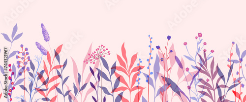 Seamless horizontal border, abstract art with summer meadow plants, wild flowers, leaves branch and Hand Drawn doodle Scribble floral plants. Design for wall decoration, postcard, poster or brochure