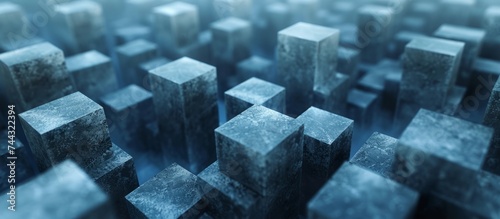 Abstract geometric composition of cubes in various sizes on blue background, modern 3D rendering concept