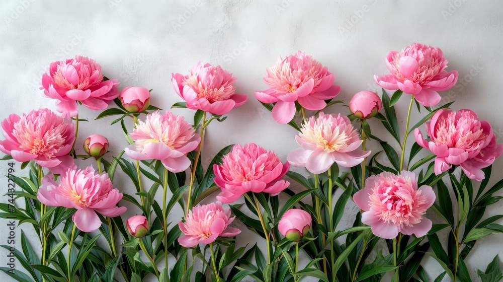 beautiful pink blooming peonies with green leaves on a gray background