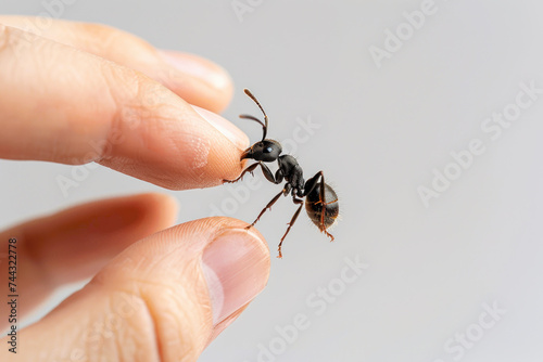 Hand holding black ant isolated on gray background photo