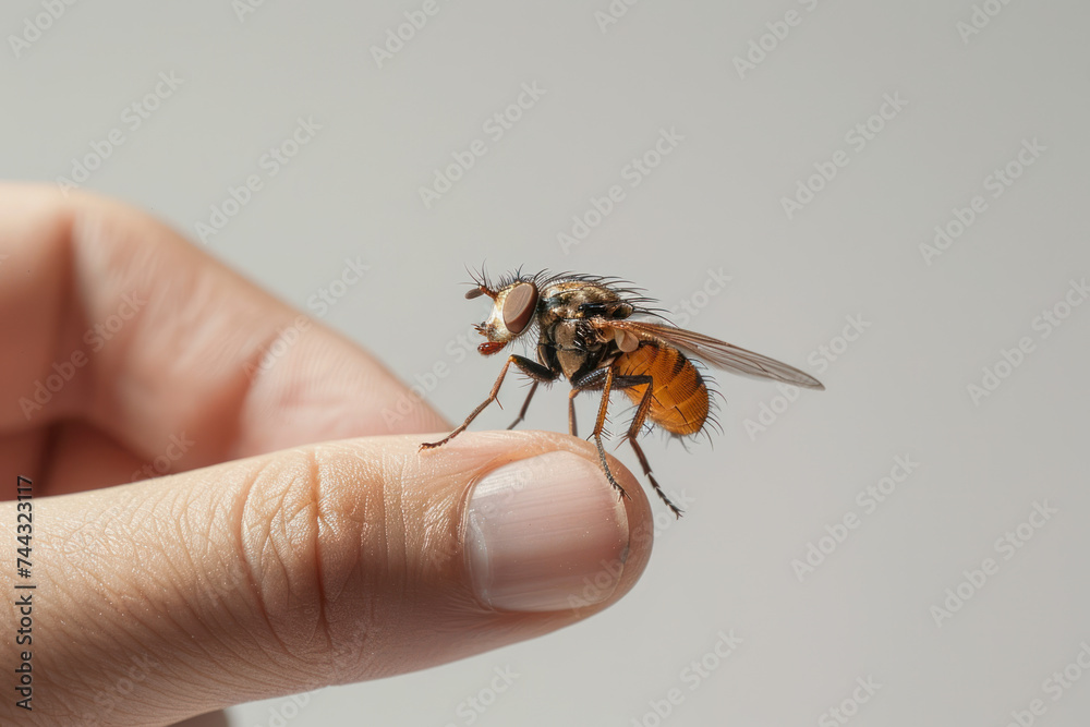 Obraz premium Hand holding fly isolated on gray background, animal pest unhealthy