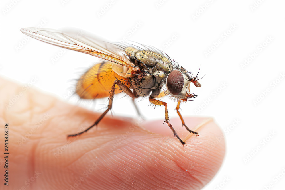 Hand holding fly isolated on gray background, animal pest unhealthy Hand holding fly isolated on gray background, animal pest unhealthy