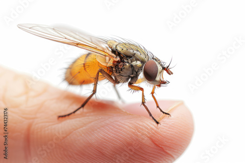 Hand holding fly isolated on gray background, animal pest unhealthy