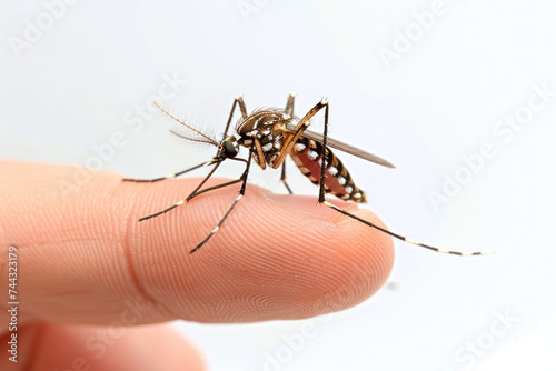 Hand holding striped mosquito isolated on gray background, animal pest disease