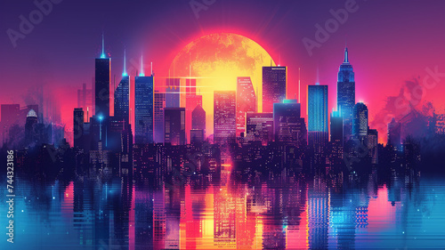 An abstract city skyline at night, illuminated with neon lights and vibrant colors, creating a futuristic and urban-inspired t-shirt graphic. © memoona