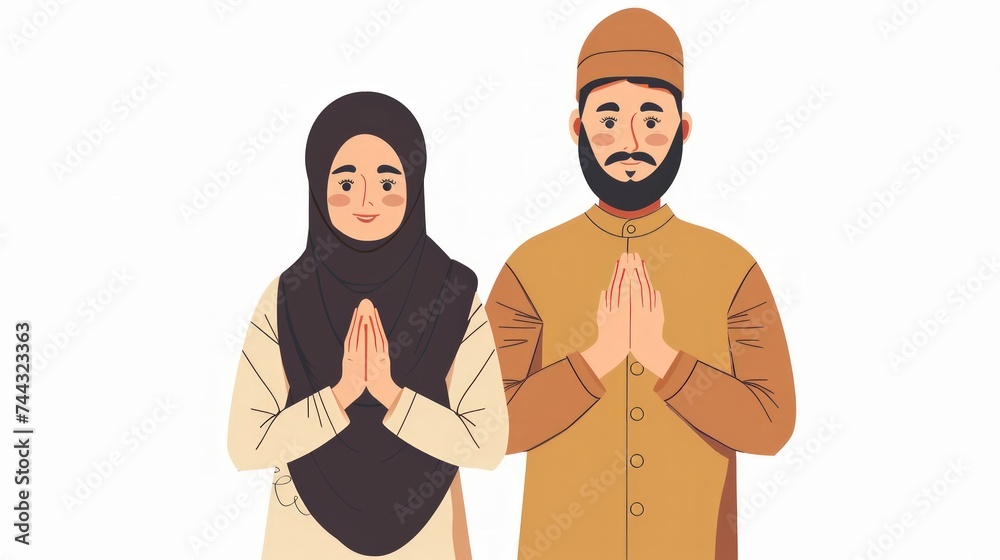 illustration of a husband and wife wearing Muslim clothing with their hands folded forward while apologizing and wishing them a happy fast.
