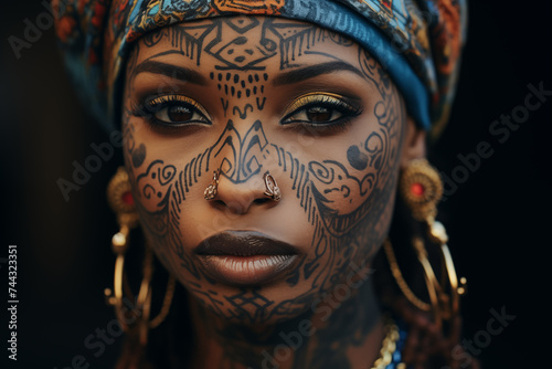 Close-up of a black woman's face featuring intricate traditional and contemporary styled facial tattoos.