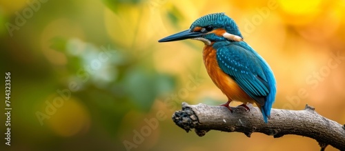 Colorful bird perched on a tree branch against a vibrant background of vivid hues