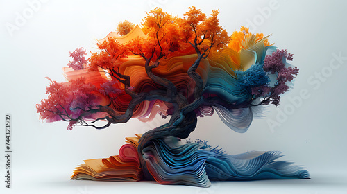 3D colorful tree made of books, wave, and butterfly isolated white backgriound AI Image Generative photo