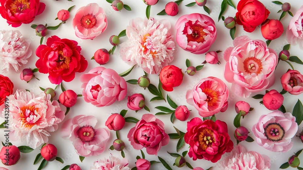 beautiful pink blooming peonies with green leaves on a white background beautiful pink blooming peonies with green leaves on a white background