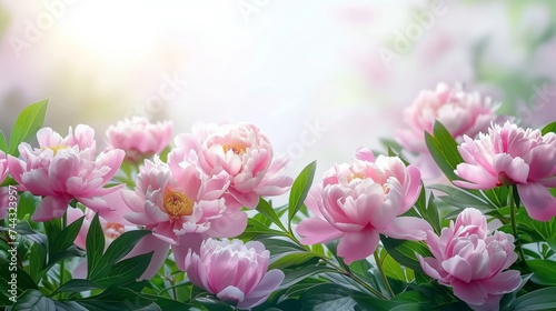 beautiful pink blooming peonies with green leaves on a bokeh background with copy space.