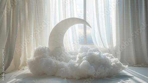 Dreamy photoshoot setup with a crescent moon prop and floating cotton clouds