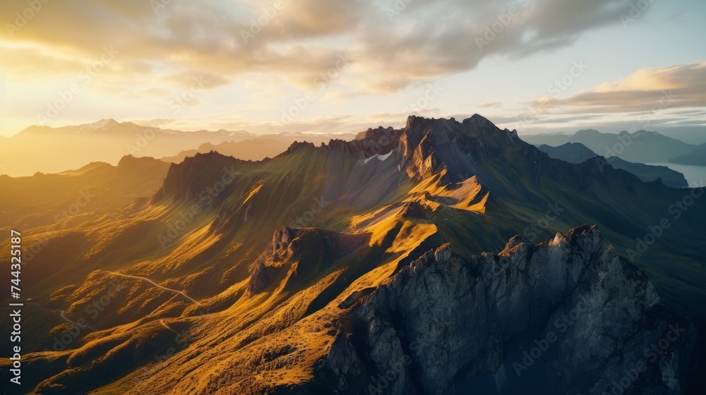 Mountain range bathed in golden light seen from above