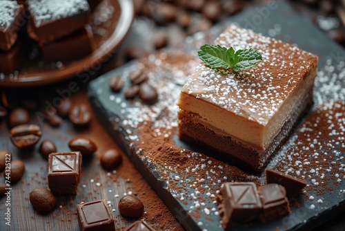 Close-up of a chocolate mousse cake with a sprinkle of powdered sugar and a mint leaf, surrounded by whole coffee beans and chocolate pieces.