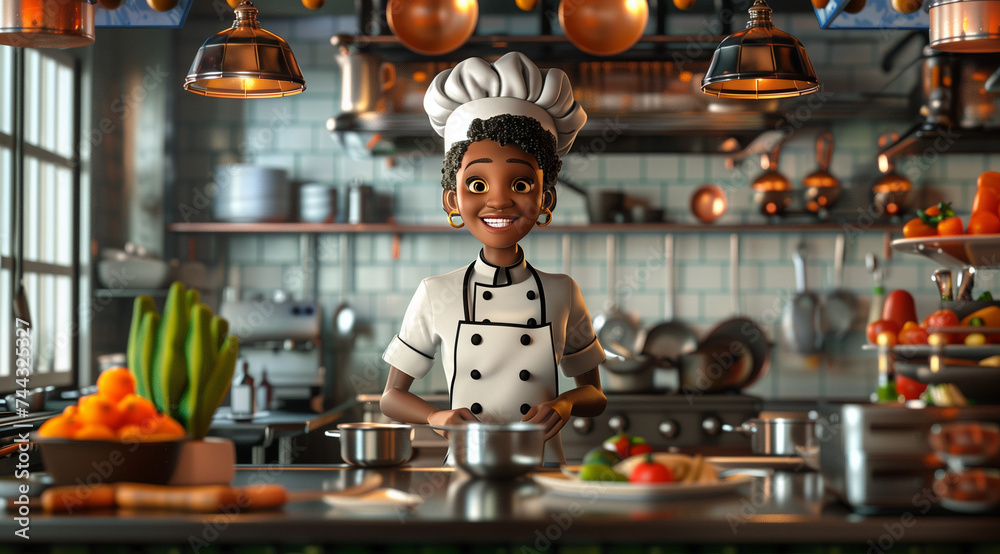  A 3D cartoon illustration of a black female chef in a kitchen, expertly preparing vegetables with hyper-realistic details and vibrant colors, showcasing womancore aesthetics and texture-rich elements - obrazy, fototapety, plakaty 