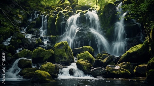 Waterfall cascading over mossy boulders in a forest
