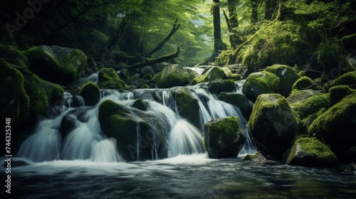 Mossy boulders and a waterfall in a forest setting
