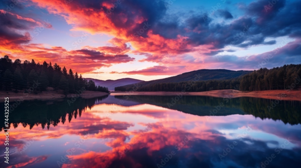 Tranquil mountain lake with colorful sky reflection