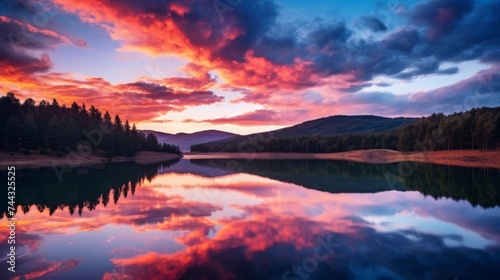 Tranquil mountain lake with colorful sky reflection © stocksbyrs