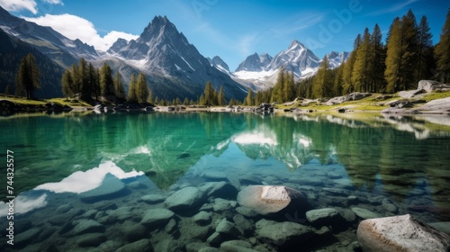 Alpine lake with clear water and snowy peaks