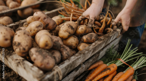 A closeup of freshly dug potatoes still speckled with bits of dirt and roots arranged in a rough pile on a wooden cart. Nearby a farmers hand holds a freshly picked carrot
