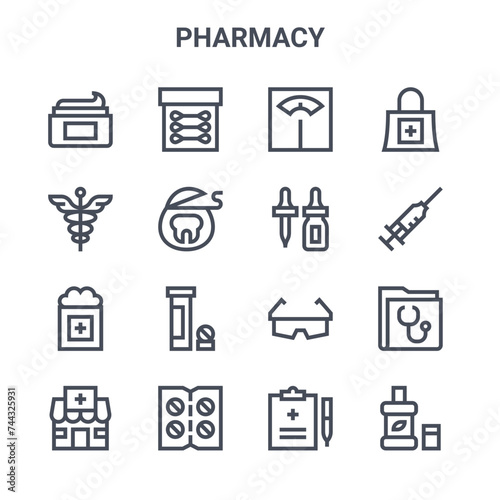 set of 16 pharmacy concept vector line icons. 64x64 thin stroke icons such as cotton buds, caduceus, syringe, safety glasses, pills, mouthwash, prescription, ear dropper, shopping bag