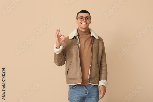 Young man in sheepskin jack...