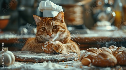 Cozy kitchen scene with a ginger tabby cat wearing a chef's hat rolling dough