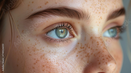 Closeup of the everchanging skin texture of a teenager with a mix of blemishes freckles and oily patches a reflection of adolescent hormones and puberty.
