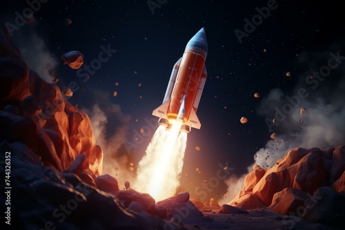 Thrilling Startup rocket in space. Ship planet moon. Generate Ai