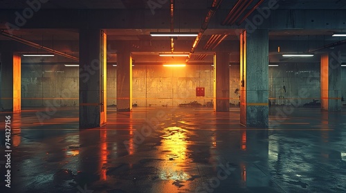 Industrial basement carpark with dramatic lighting and long shadows