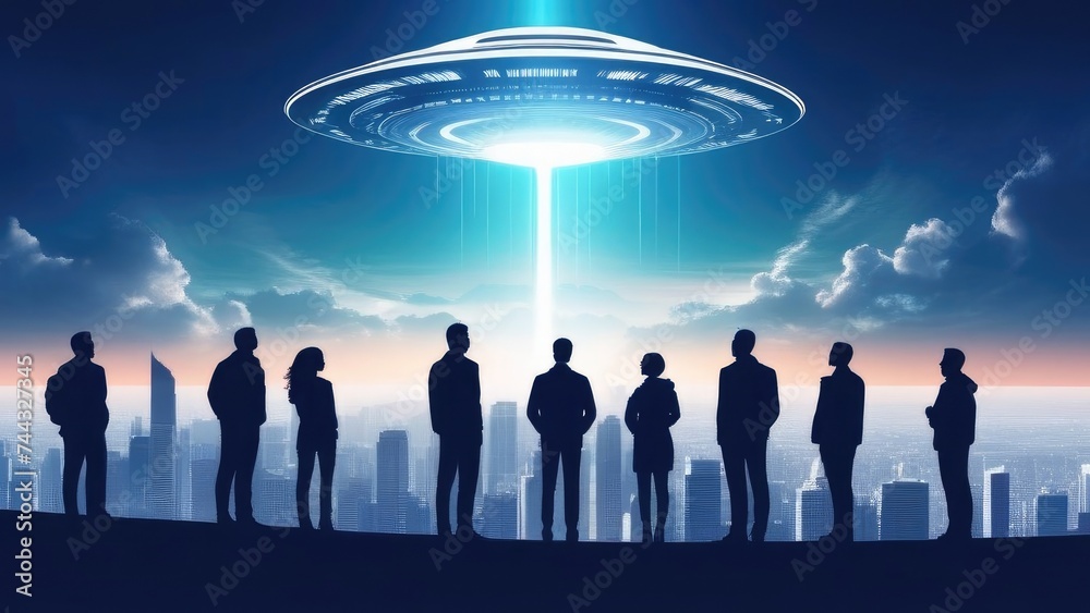 A group of people are looking at UFOs in the sky. Dark silhouettes of people stand with their backs to the sky and look at an unidentified spaceship.