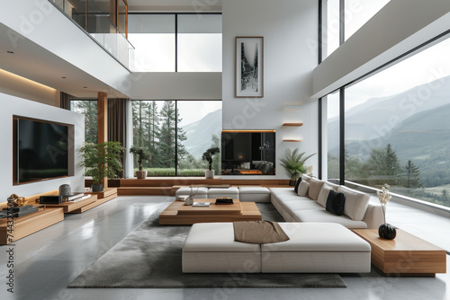 An architecturally striking modern home interior, featuring wooden design elements, open-plan living space, and elegant simplicity. © DJSPIDA FOTO
