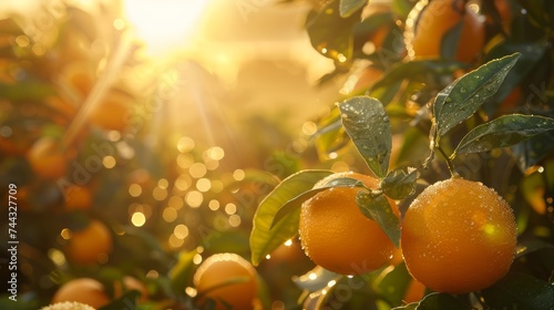 Fresh Dewy Oranges on Tree at Sunrise in Orchard